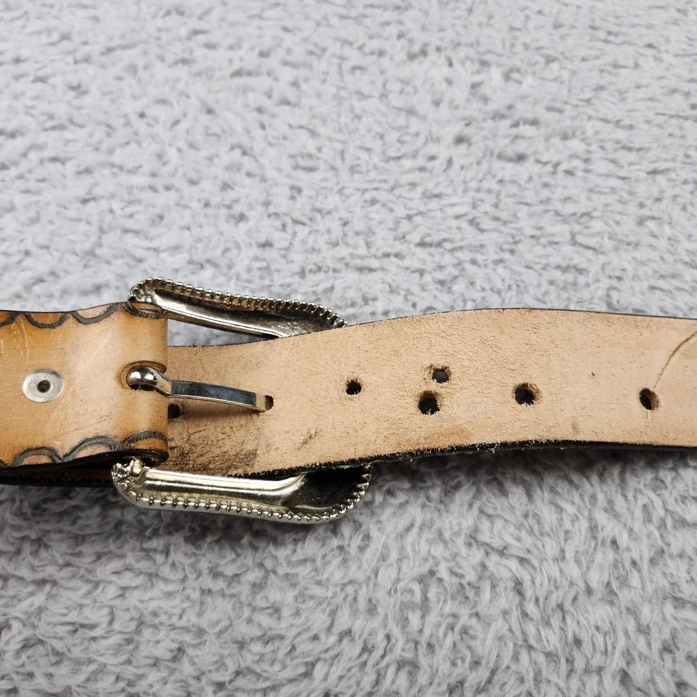 Vintage Brown Tooled Leather Western Belt Made in Mexico Size 42 Silver Buckle